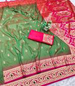 mehendi zari woven banarasi silk blend traditional saree with blouse piece