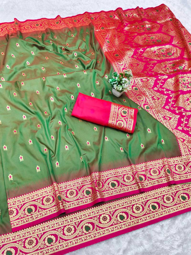 mehendi zari woven banarasi silk blend traditional saree with blouse piece