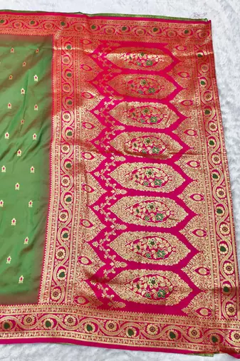 mehendi zari woven banarasi silk blend traditional saree with blouse piece