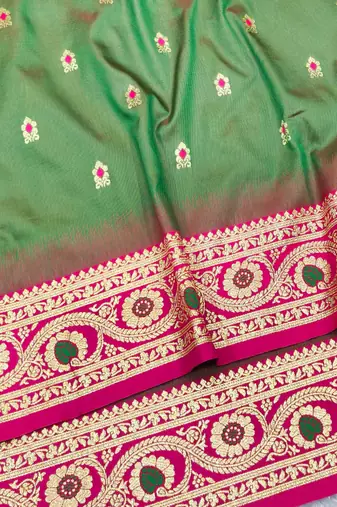 mehendi zari woven banarasi silk blend traditional saree with blouse piece