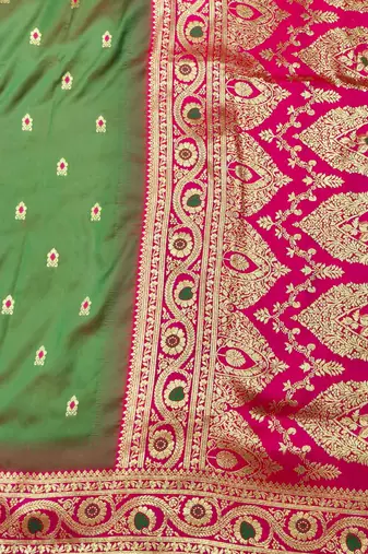 mehendi zari woven banarasi silk blend traditional saree with blouse piece