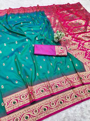 rama zari woven banarasi silk blend traditional saree with blouse piece 1