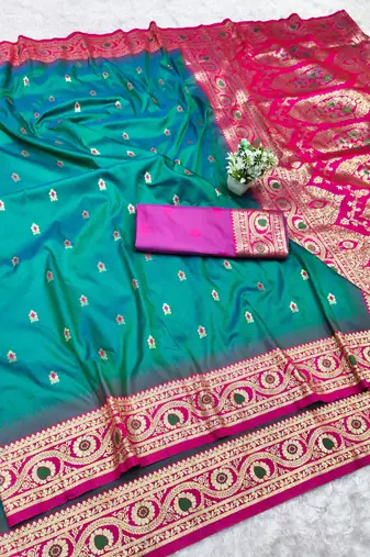 rama zari woven banarasi silk blend traditional saree with blouse piece