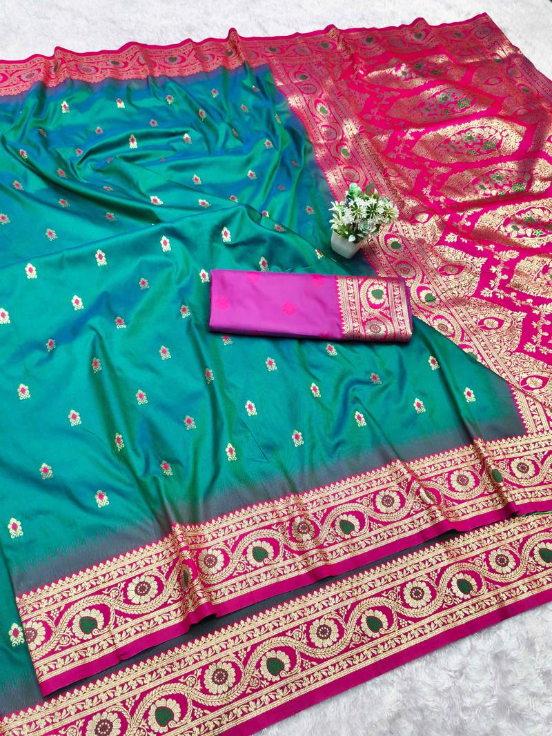 rama zari woven banarasi silk blend traditional saree with blouse piece