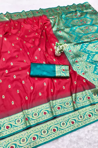 maroon zari woven banarasi silk blend traditional saree with blouse piece