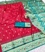 maroon zari woven banarasi silk blend traditional saree with blouse piece