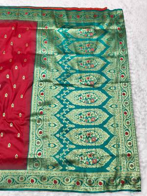 maroon zari woven banarasi silk blend traditional saree with blouse piece 2