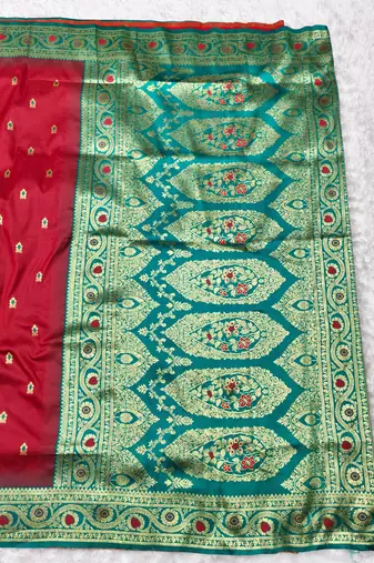 maroon zari woven banarasi silk blend traditional saree with blouse piece