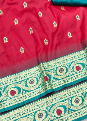 maroon zari woven banarasi silk blend traditional saree with blouse piece 3