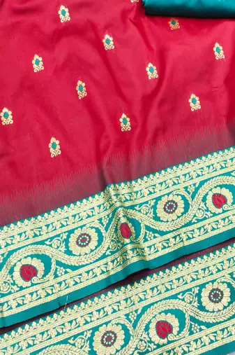 maroon zari woven banarasi silk blend traditional saree with blouse piece