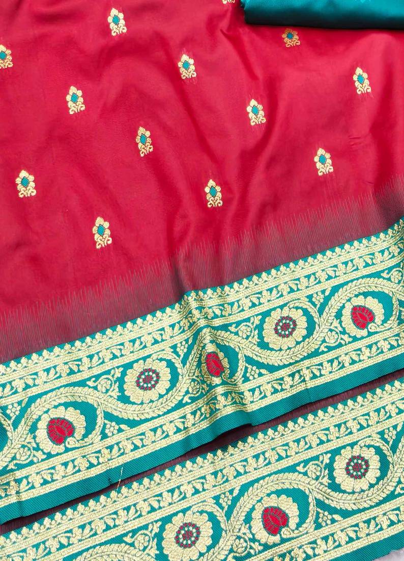 maroon zari woven banarasi silk blend traditional saree with blouse piece