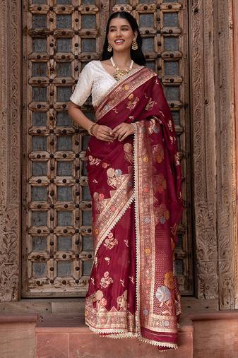 Maroon embroidered pure chiffon saree