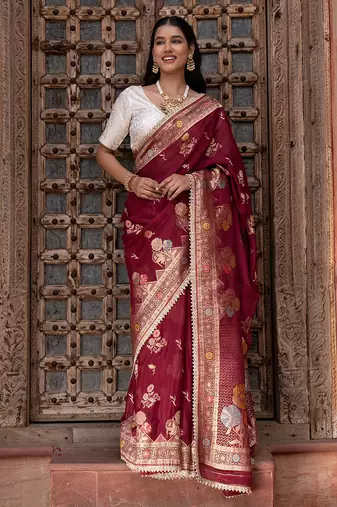Maroon embroidered pure chiffon saree