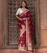 Maroon embroidered pure chiffon saree