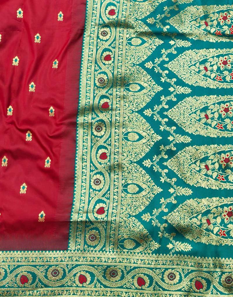 maroon zari woven banarasi silk blend traditional saree with blouse piece