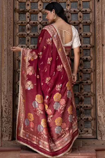 Maroon embroidered pure chiffon saree