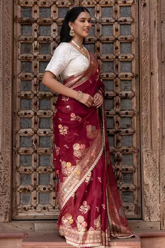 Maroon embroidered pure chiffon saree