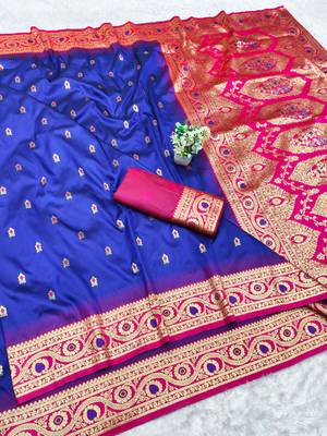 navy blue zari woven banarasi silk blend traditional saree with blouse piece 1