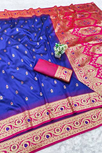 navy blue zari woven banarasi silk blend traditional saree with blouse piece