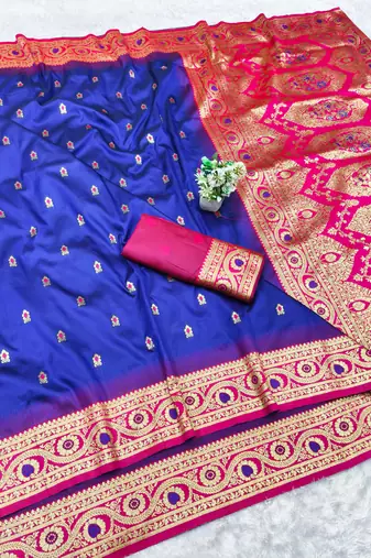 navy blue zari woven banarasi silk blend traditional saree with blouse piece