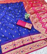 navy blue zari woven banarasi silk blend traditional saree with blouse piece