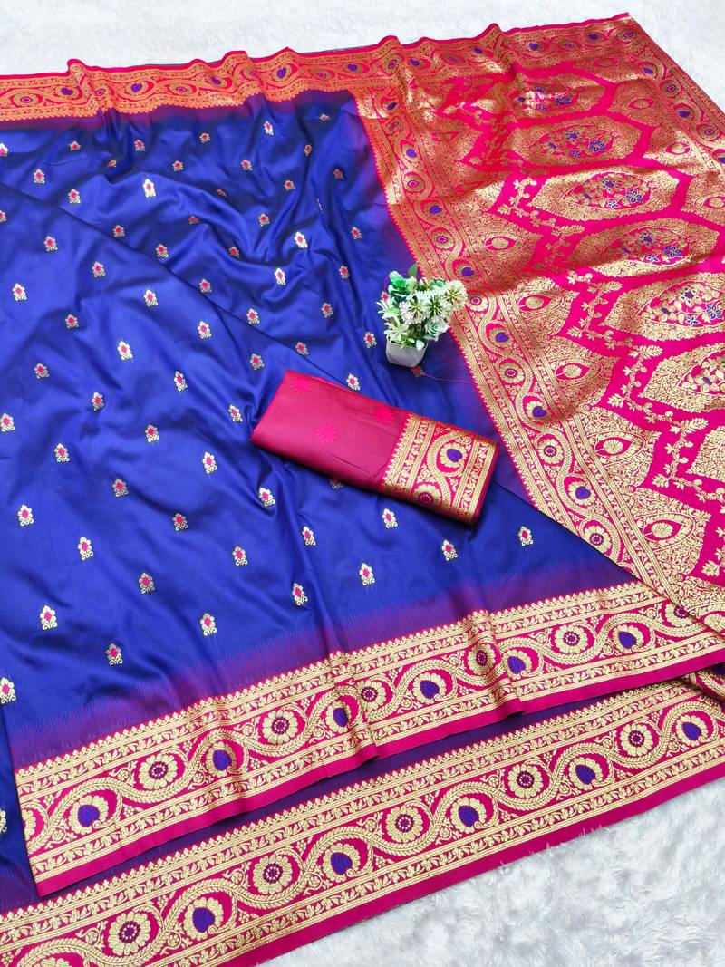 navy blue zari woven banarasi silk blend traditional saree with blouse piece