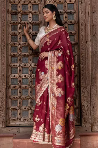 Maroon embroidered pure chiffon saree