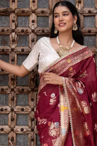 Maroon embroidered pure chiffon saree