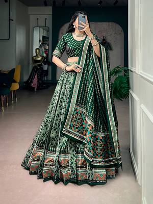 Tasar Silk Printed Free Size Ghaghra Choli with Lace Border & Dupatta for Navratri Garba 1