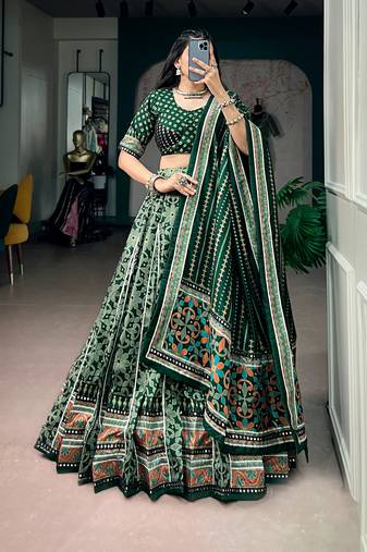 Tasar Silk Printed Free Size Ghaghra Choli with Lace Border & Dupatta for Navratri Garba