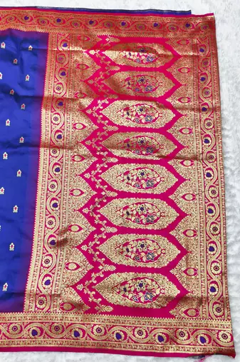 navy blue zari woven banarasi silk blend traditional saree with blouse piece