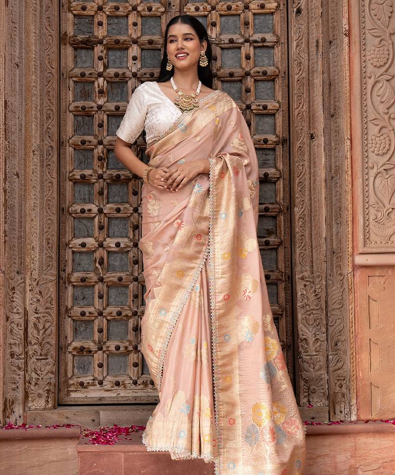 Pink embroidered pure chiffon saree