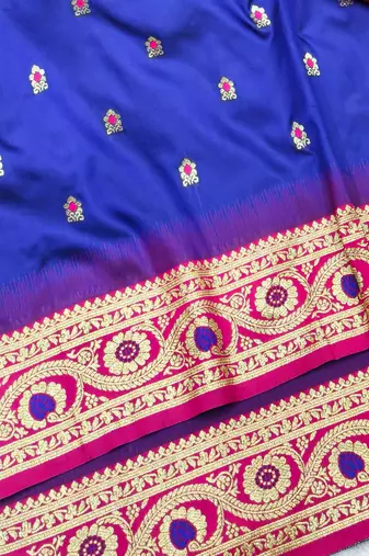 navy blue zari woven banarasi silk blend traditional saree with blouse piece