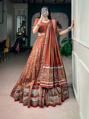 Tasar silk blend Printed Free Size Ghaghra Choli with Lace Border & Dupatta for Navratri Garba 1