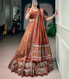 Tasar silk blend Printed Free Size Ghaghra Choli with Lace Border & Dupatta for Navratri Garba