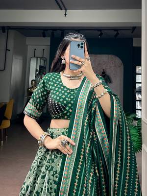 Tasar Silk Printed Free Size Ghaghra Choli with Lace Border & Dupatta for Navratri Garba 2