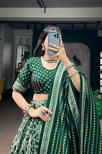 Tasar Silk Printed Free Size Ghaghra Choli with Lace Border & Dupatta for Navratri Garba