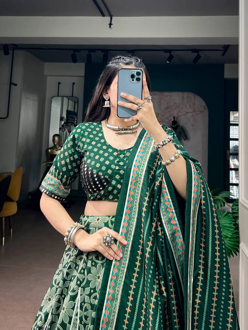 Tasar Silk Printed Free Size Ghaghra Choli with Lace Border & Dupatta for Navratri Garba