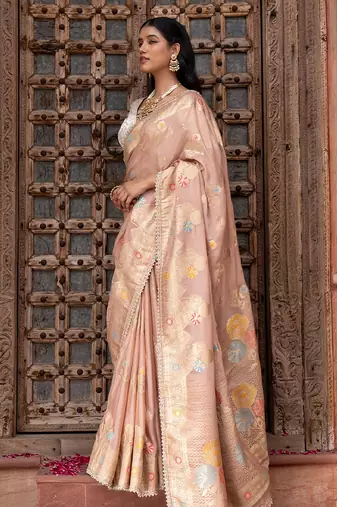 Pink embroidered pure chiffon saree