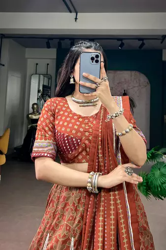 Tasar silk blend Printed Free Size Ghaghra Choli with Lace Border & Dupatta for Navratri Garba