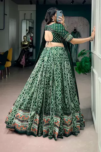 Tasar Silk Printed Free Size Ghaghra Choli with Lace Border & Dupatta for Navratri Garba