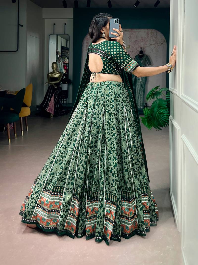 Tasar Silk Printed Free Size Ghaghra Choli with Lace Border & Dupatta for Navratri Garba