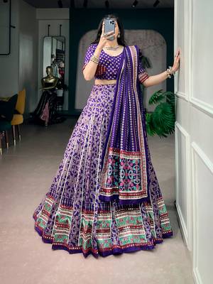 Tasar silk blend Printed Free Size Ghaghra Choli with Lace Border & Dupatta for Navratri Garba 1