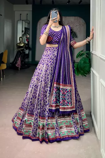 Tasar silk blend Printed Free Size Ghaghra Choli with Lace Border & Dupatta for Navratri Garba