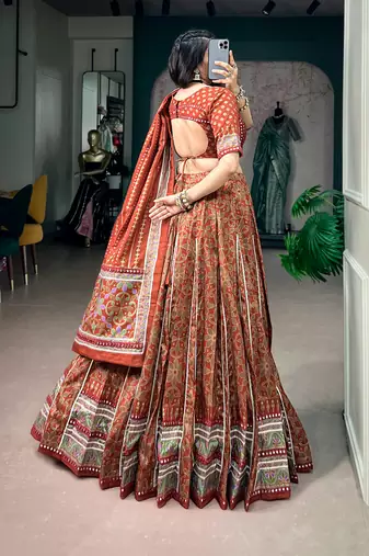 Tasar silk blend Printed Free Size Ghaghra Choli with Lace Border & Dupatta for Navratri Garba