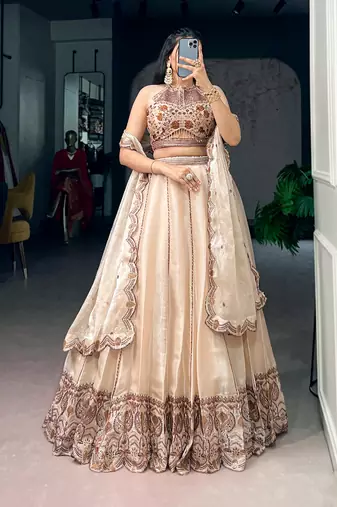 Women's Cream Spider Crush silk blend Embroidered Semi-Stitched Lehenga Choli Set