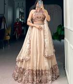 Women's Cream Spider Crush silk blend Embroidered Semi-Stitched Lehenga Choli Set