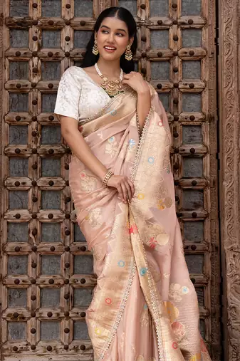 Pink embroidered pure chiffon saree