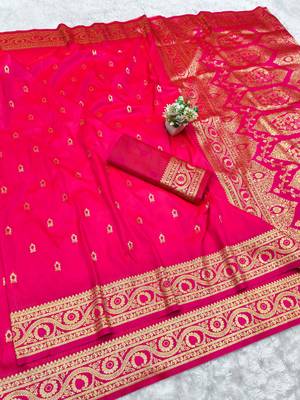 pink zari woven banarasi silk blend traditional saree with blouse piece 1