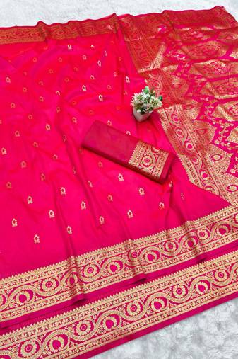 pink zari woven banarasi silk blend traditional saree with blouse piece